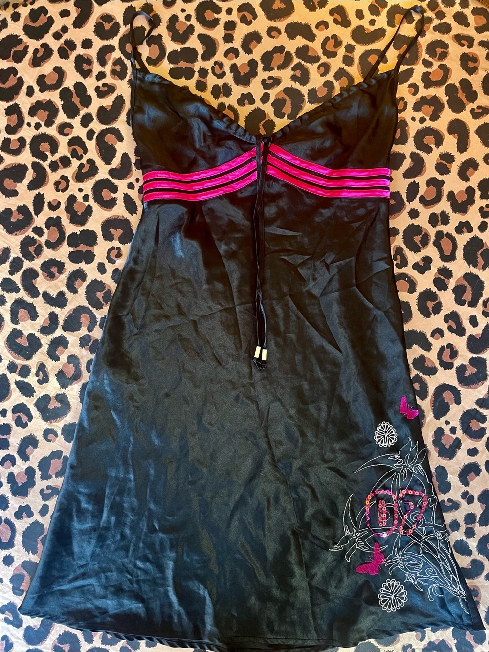 Black Satin Slip Dress with Pink Accents